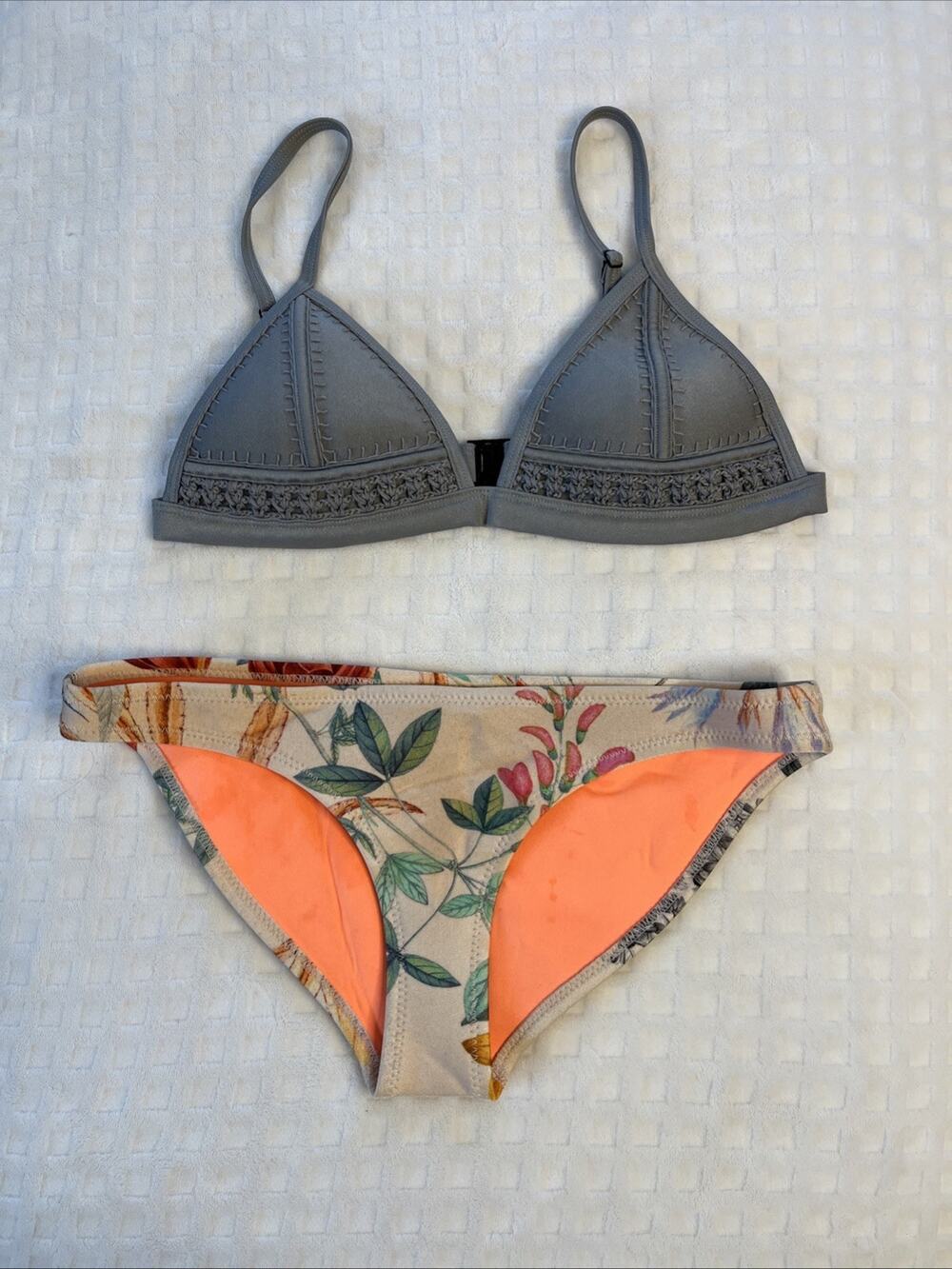 Triangl Bikini Set S Crochet Neoprene Triangle Top Floral Bottom 2 Pcs Swimsuit